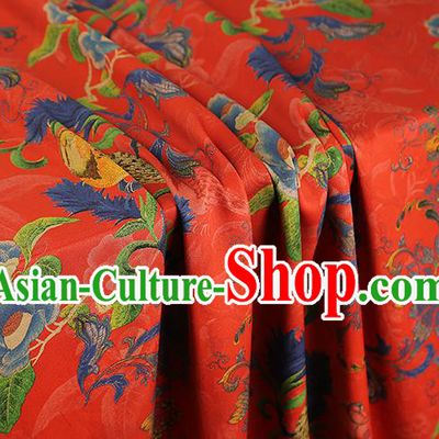 Asian China Classical Flowers Birds Pattern Red Silk Fabric Traditional Cheongsam Gambiered Guangdong Gauze Brocade