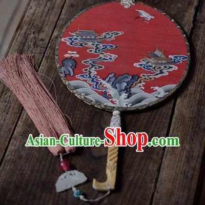 China Red Silk Circular Fan Traditional Qing Dynasty Court Fan Handmade Palace Fan