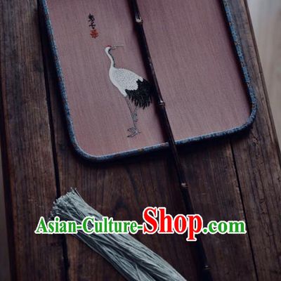 China Handmade Crane Painting Palace Fan Traditional Qing Dynasty Court Fan Pink Silk Square Fan