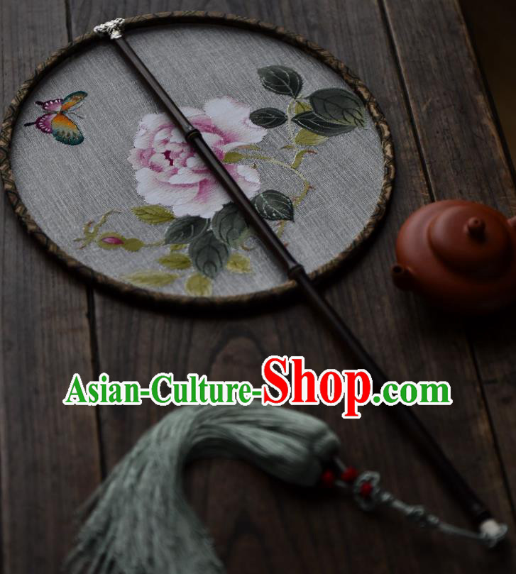 China Silk Fan Handmade Peony Pattern Palace Fan Traditional Ming Dynasty Princess Circular Fan