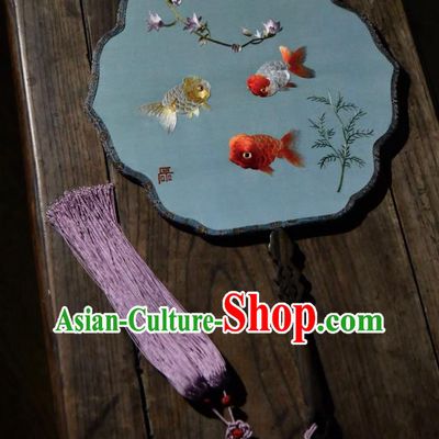 China Handmade Embroidered Goldfish Palace Fan Traditional Blue Silk Fan Ancient Song Dynasty Court Fan