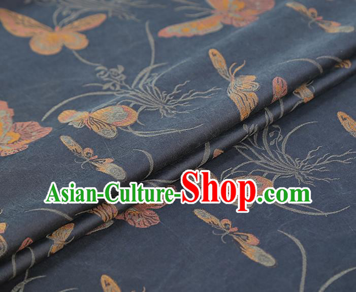 China Traditional Cheongsam Butterfly Orchids Pattern Brocade Fabric Classical Navy Gambiered Guangdong Gauze Drapery China Traditional Cheongsam Butterfly Orchids Pattern Brocade Fabric Classical Navy Gambiered Guangdong Gauze Drapery