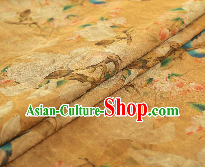 China Traditional Mangnolia Birds Pattern Gambiered Guangdong Gauze Classical Cheongsam Yellow Silk Fabric China Traditional Mangnolia Birds Pattern Gambiered Guangdong Gauze Classical Cheongsam Yellow Silk Fabric