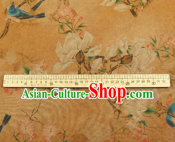 China Traditional Mangnolia Birds Pattern Gambiered Guangdong Gauze Classical Cheongsam Yellow Silk Fabric China Traditional Mangnolia Birds Pattern Gambiered Guangdong Gauze Classical Cheongsam Yellow Silk Fabric