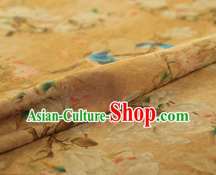 China Traditional Mangnolia Birds Pattern Gambiered Guangdong Gauze Classical Cheongsam Yellow Silk Fabric China Traditional Mangnolia Birds Pattern Gambiered Guangdong Gauze Classical Cheongsam Yellow Silk Fabric