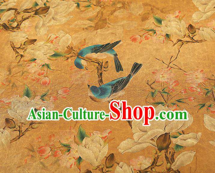China Traditional Mangnolia Birds Pattern Gambiered Guangdong Gauze Classical Cheongsam Yellow Silk Fabric China Traditional Mangnolia Birds Pattern Gambiered Guangdong Gauze Classical Cheongsam Yellow Silk Fabric