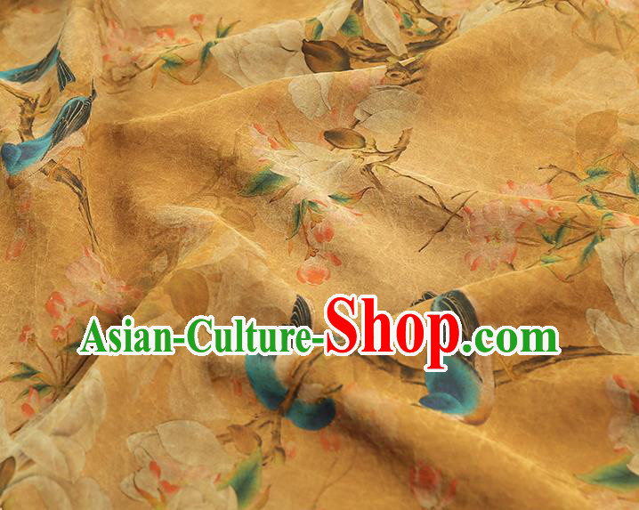China Traditional Mangnolia Birds Pattern Gambiered Guangdong Gauze Classical Cheongsam Yellow Silk Fabric China Traditional Mangnolia Birds Pattern Gambiered Guangdong Gauze Classical Cheongsam Yellow Silk Fabric