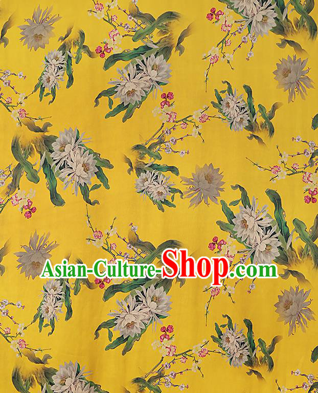 China Traditional Epiphyllum Plum Pattern Yellow Gambiered Guangdong Gauze Classical Cheongsam Silk Fabric China Traditional Epiphyllum Plum Pattern Yellow Gambiered Guangdong Gauze Classical Cheongsam Silk Fabric