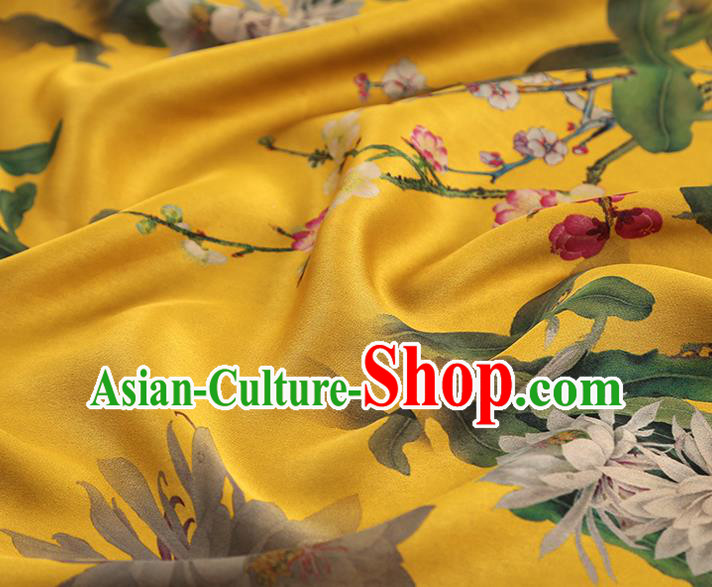 China Traditional Epiphyllum Plum Pattern Yellow Gambiered Guangdong Gauze Classical Cheongsam Silk Fabric China Traditional Epiphyllum Plum Pattern Yellow Gambiered Guangdong Gauze Classical Cheongsam Silk Fabric