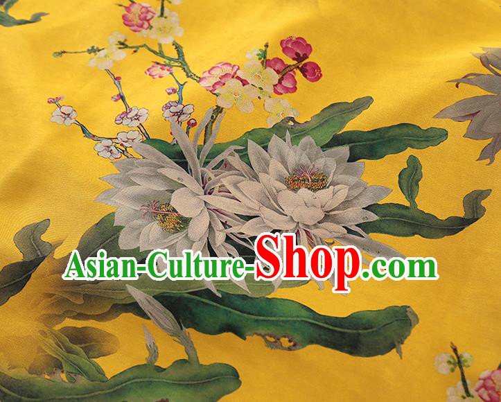 China Traditional Epiphyllum Plum Pattern Yellow Gambiered Guangdong Gauze Classical Cheongsam Silk Fabric China Traditional Epiphyllum Plum Pattern Yellow Gambiered Guangdong Gauze Classical Cheongsam Silk Fabric
