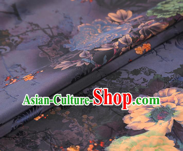 China Traditional Peony Pattern Brocade Classical Cheongsam Deep Purple Silk Fabric China Traditional Peony Pattern Brocade Classical Cheongsam Deep Purple Silk Fabric