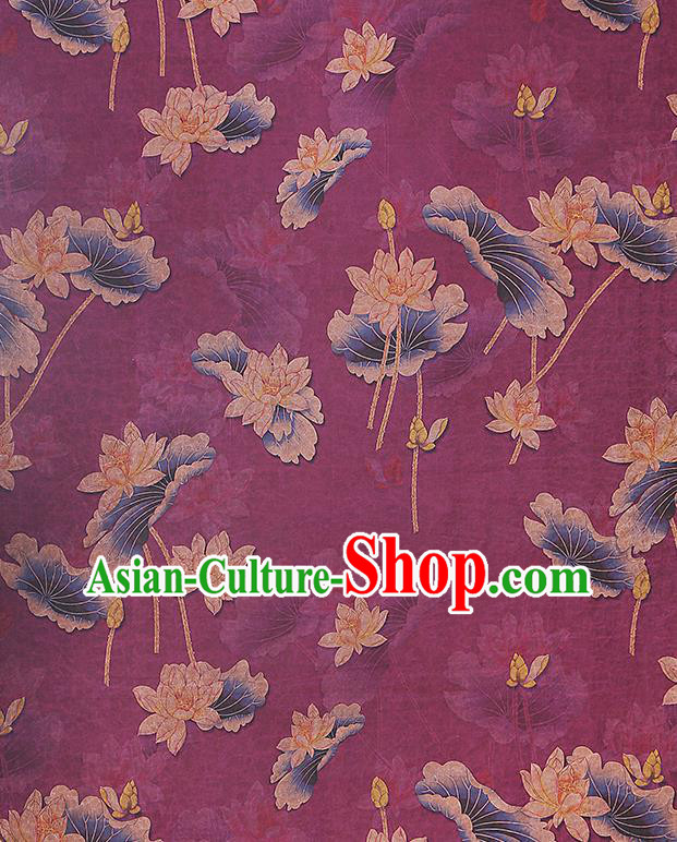 China Gambiered Guangdong Gauze Traditional Lotus Pattern Brocade Classical Cheongsam Purple Silk Fabric China Gambiered Guangdong Gauze Traditional Lotus Pattern Brocade Classical Cheongsam Purple Silk Fabric