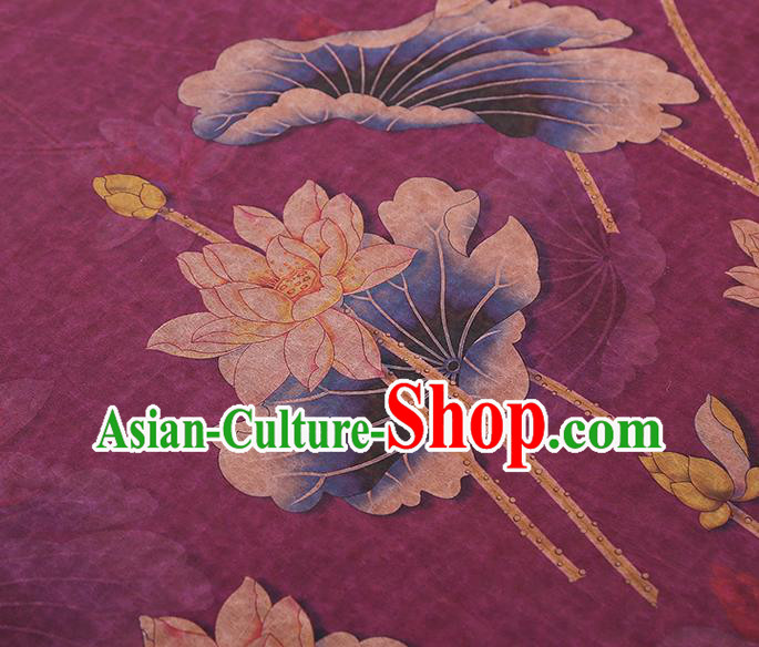 China Gambiered Guangdong Gauze Traditional Lotus Pattern Brocade Classical Cheongsam Purple Silk Fabric China Gambiered Guangdong Gauze Traditional Lotus Pattern Brocade Classical Cheongsam Purple Silk Fabric