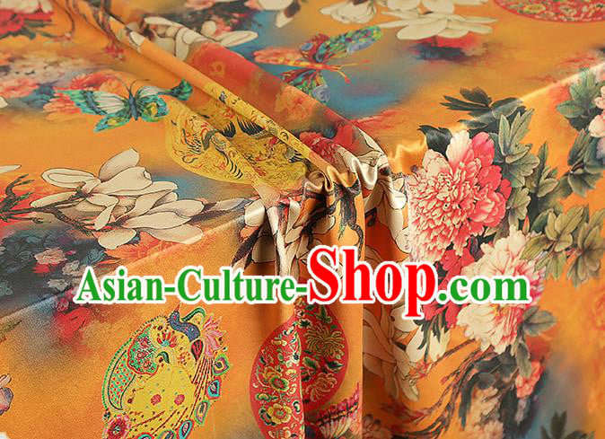 China Classical Cheongsam Orange Silk Fabric Gambiered Guangdong Gauze Traditional Mangnolia Pattern Brocade China Classical Cheongsam Orange Silk Fabric Gambiered Guangdong Gauze Traditional Mangnolia Pattern Brocade