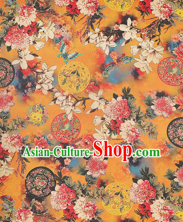 China Classical Cheongsam Orange Silk Fabric Gambiered Guangdong Gauze Traditional Mangnolia Pattern Brocade China Classical Cheongsam Orange Silk Fabric Gambiered Guangdong Gauze Traditional Mangnolia Pattern Brocade