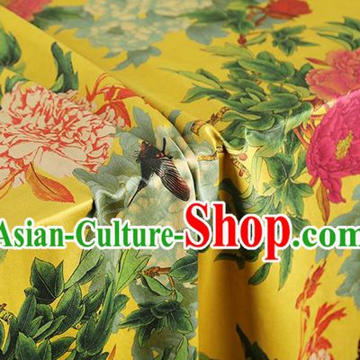 China Classical Peony Pattern Cheongsam Silk Fabric Traditional Yellow Gambiered Guangdong Gauze