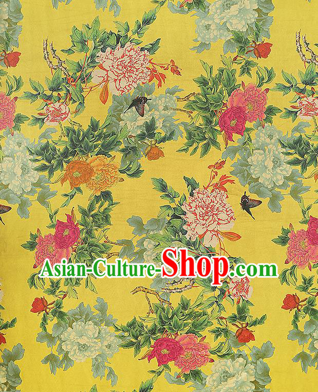 China Classical Peony Pattern Cheongsam Silk Fabric Traditional Yellow Gambiered Guangdong Gauze China Classical Peony Pattern Cheongsam Silk Fabric Traditional Yellow Gambiered Guangdong Gauze
