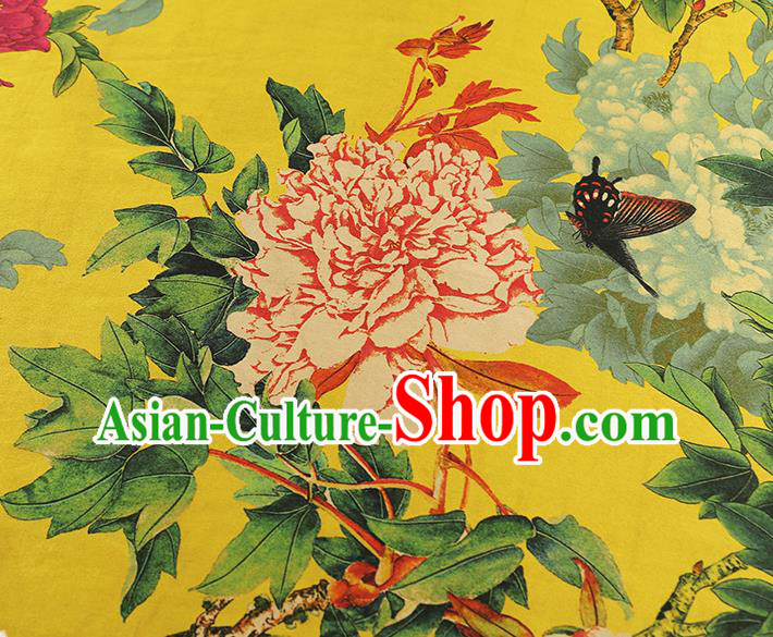 China Classical Peony Pattern Cheongsam Silk Fabric Traditional Yellow Gambiered Guangdong Gauze China Classical Peony Pattern Cheongsam Silk Fabric Traditional Yellow Gambiered Guangdong Gauze