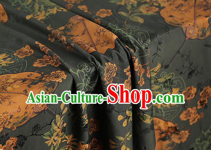 China Traditional Atrovirens Gambiered Guangdong Gauze Drapery Classical Plum Fan Pattern Cheongsam Silk Fabric China Traditional Atrovirens Gambiered Guangdong Gauze Drapery Classical Plum Fan Pattern Cheongsam Silk Fabric