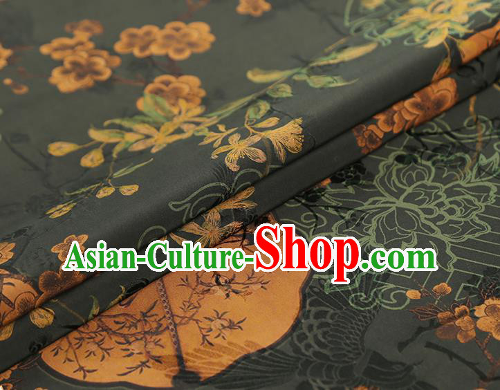 China Traditional Atrovirens Gambiered Guangdong Gauze Drapery Classical Plum Fan Pattern Cheongsam Silk Fabric China Traditional Atrovirens Gambiered Guangdong Gauze Drapery Classical Plum Fan Pattern Cheongsam Silk Fabric