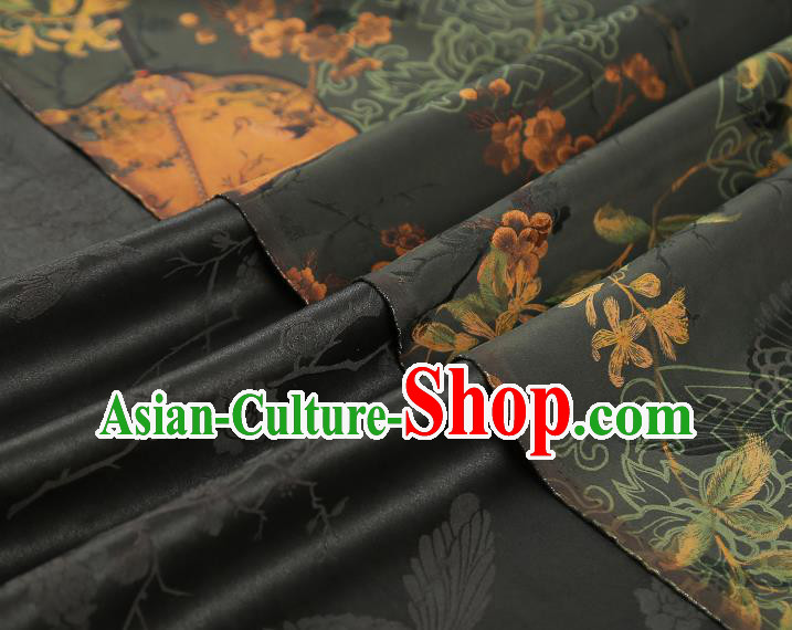 China Traditional Atrovirens Gambiered Guangdong Gauze Drapery Classical Plum Fan Pattern Cheongsam Silk Fabric China Traditional Atrovirens Gambiered Guangdong Gauze Drapery Classical Plum Fan Pattern Cheongsam Silk Fabric