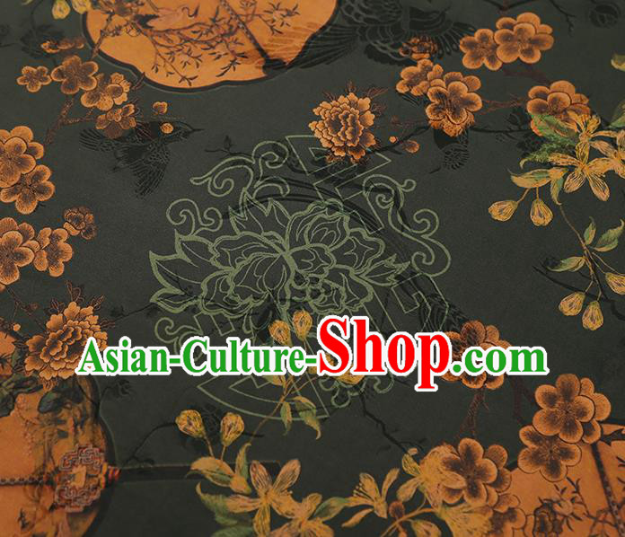 China Traditional Atrovirens Gambiered Guangdong Gauze Drapery Classical Plum Fan Pattern Cheongsam Silk Fabric China Traditional Atrovirens Gambiered Guangdong Gauze Drapery Classical Plum Fan Pattern Cheongsam Silk Fabric