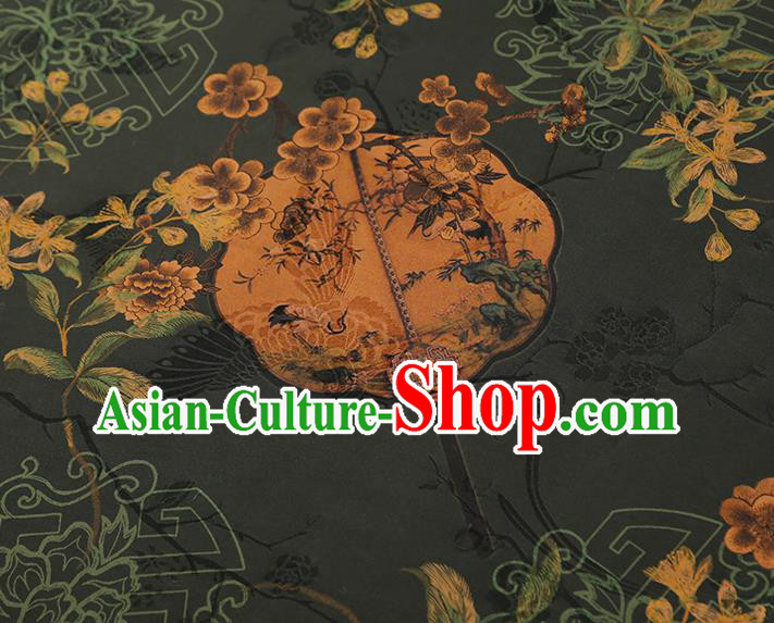 China Traditional Atrovirens Gambiered Guangdong Gauze Drapery Classical Plum Fan Pattern Cheongsam Silk Fabric China Traditional Atrovirens Gambiered Guangdong Gauze Drapery Classical Plum Fan Pattern Cheongsam Silk Fabric