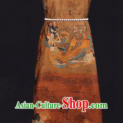 Traditional Chinese Brown Silk Fabric Asian China Classical Goddess Pattern Gambiered Guangdong Gauze Material