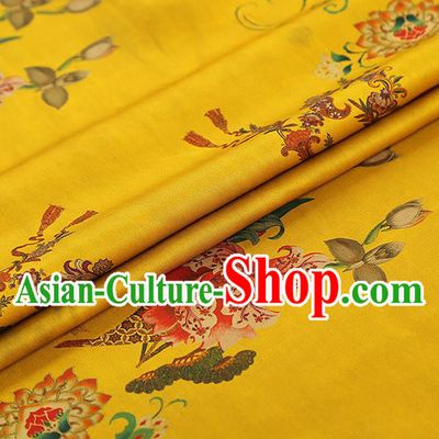 China Traditional Yellow Brocade Classical Flowers Pattern Wedding Dress Silk Fabric Gambiered Guangdong Gauze