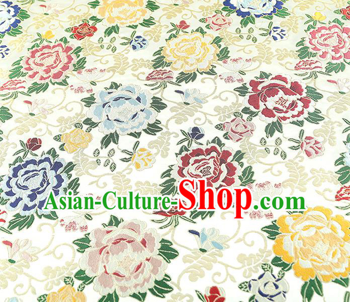China Traditional Cheongsam White Nanjing Brocade Classical Peony Pattern Silk Fabric