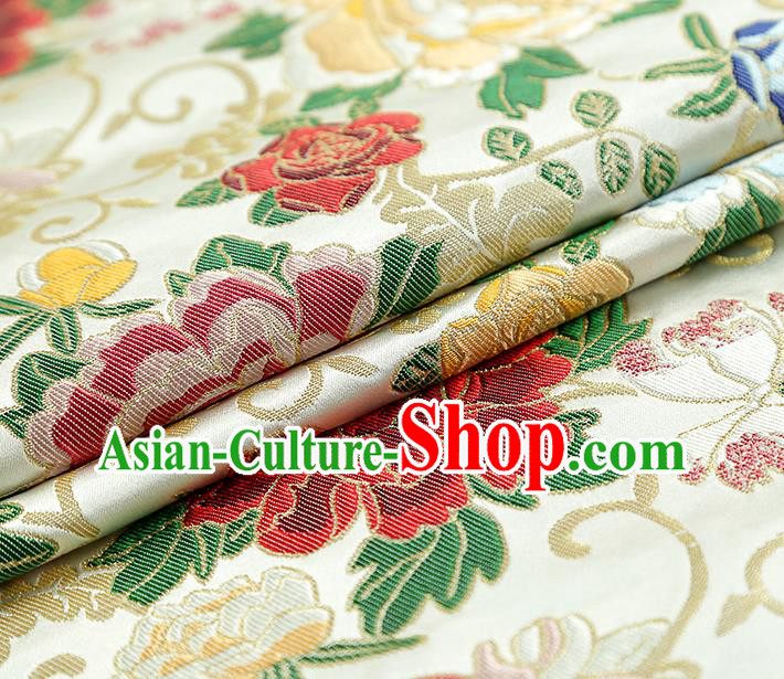 China Traditional Cheongsam White Nanjing Brocade Classical Peony Pattern Silk Fabric