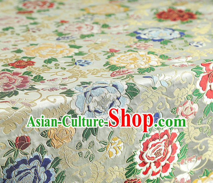 China Traditional Cheongsam White Nanjing Brocade Classical Peony Pattern Silk Fabric