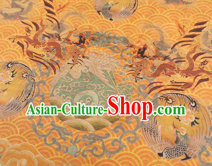 China Classical Dragon Phoenix Pattern Silk Fabric Gambiered Guangdong Gauze Traditional Cheongsam Golden Brocade China Classical Dragon Phoenix Pattern Silk Fabric Gambiered Guangdong Gauze Traditional Cheongsam Golden Brocade
