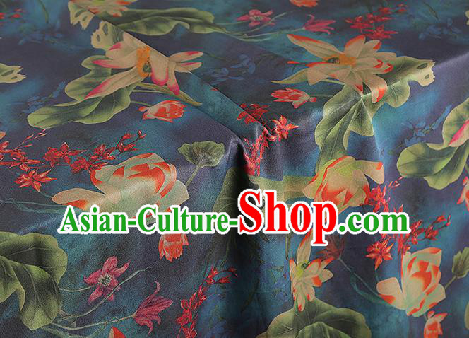 China Classical Lotus Pattern Silk Fabric Traditional Cheongsam Navy Gambiered Guangdong Gauze China Classical Lotus Pattern Silk Fabric Traditional Cheongsam Navy Gambiered Guangdong Gauze