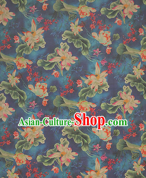 China Classical Lotus Pattern Silk Fabric Traditional Cheongsam Navy Gambiered Guangdong Gauze China Classical Lotus Pattern Silk Fabric Traditional Cheongsam Navy Gambiered Guangdong Gauze
