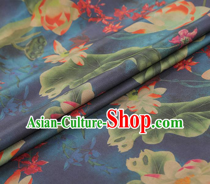 China Classical Lotus Pattern Silk Fabric Traditional Cheongsam Navy Gambiered Guangdong Gauze China Classical Lotus Pattern Silk Fabric Traditional Cheongsam Navy Gambiered Guangdong Gauze