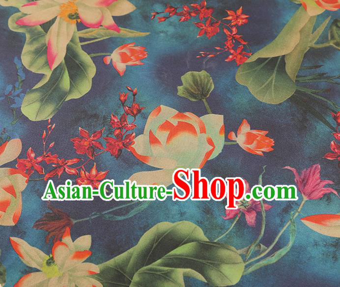 China Classical Lotus Pattern Silk Fabric Traditional Cheongsam Navy Gambiered Guangdong Gauze China Classical Lotus Pattern Silk Fabric Traditional Cheongsam Navy Gambiered Guangdong Gauze
