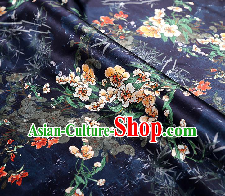 China Classical Cheongsam Printing Pear Blossom Silk Fabric Traditional Qipao Dress Navy Brocade Drapery China Classical Cheongsam Printing Pear Blossom Silk Fabric Traditional Qipao Dress Navy Brocade Drapery