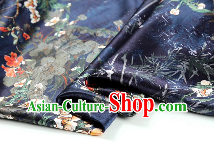China Classical Cheongsam Printing Pear Blossom Silk Fabric Traditional Qipao Dress Navy Brocade Drapery China Classical Cheongsam Printing Pear Blossom Silk Fabric Traditional Qipao Dress Navy Brocade Drapery