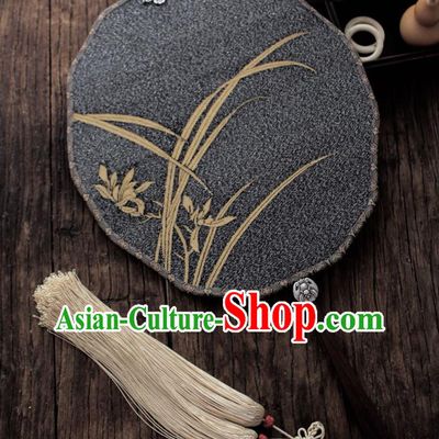 China Handmade Golden Orchids Pattern Palace Fan Ancient Princess Court Fan Traditional Black Silk Fan