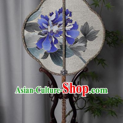 China Handmade Blue Peony Pattern Silk Fan Ancient Song Dynasty Princess Palace Fan Traditional Dance Fan