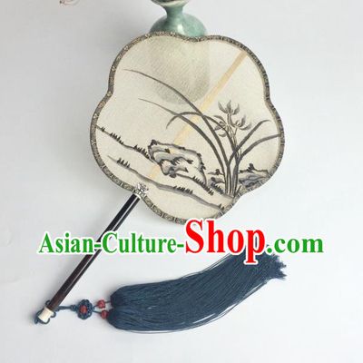 China Handmade Ink Orchids Pattern Silk Fan Ancient Song Dynasty Princess Palace Fan Traditional Dance Plum Fan