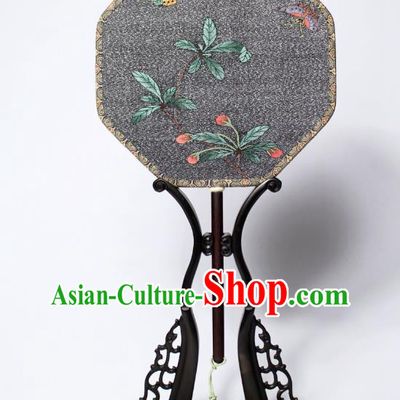 China Traditional Octagon Fan Handmade Butterfly Flower Pattern Black Silk Fan Ancient Court Beauty Palace Fan