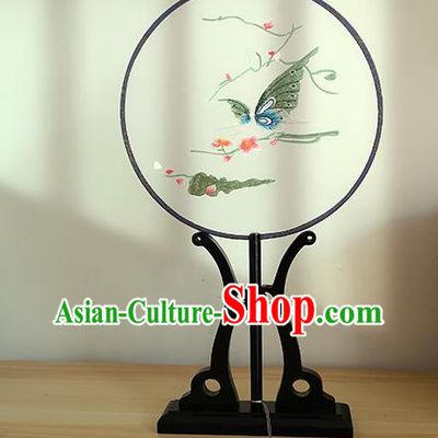 China Embroidered Butterfly Circular Fan Traditional Cultural Dance Silk Fan Handmade Palace Fan