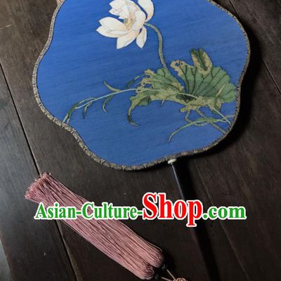 China Ancient Song Dynasty Court Beauty Fan Traditional Lotus Pattern Blue Silk Fan Handmade Palace Fan