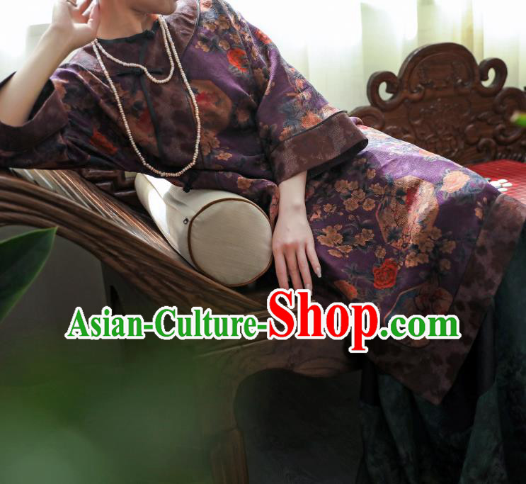 Asian Chinese Traditional Qing Dynasty Woman Qipao Dress Classical Purple Gambiered Guangdong Gauze Cheongsam Asian Chinese Traditional Qing Dynasty Woman Qipao Dress Classical Purple Gambiered Guangdong Gauze Cheongsam