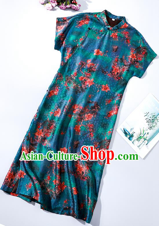 Asian Chinese Traditional Printing Blue Qipao Dress Classical Silk Cheongsam National Woman Clothing Asian Chinese Traditional Printing Blue Qipao Dress Classical Silk Cheongsam National Woman Clothing