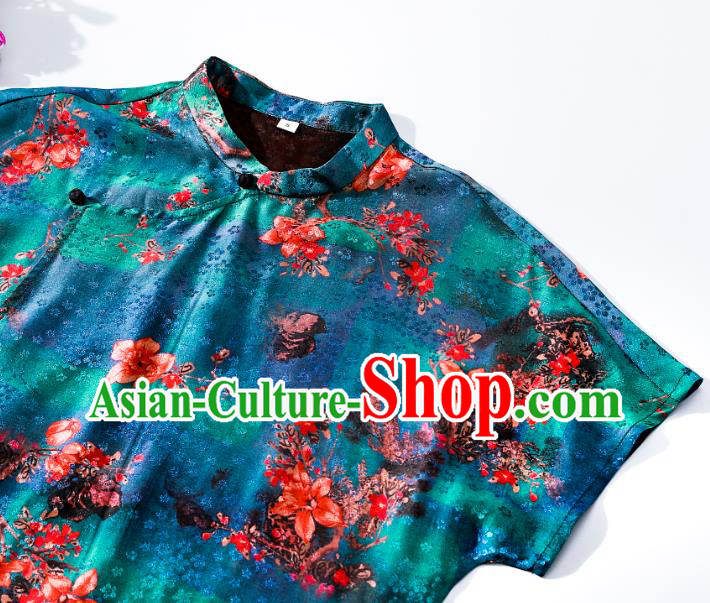 Asian Chinese Traditional Printing Blue Qipao Dress Classical Silk Cheongsam National Woman Clothing Asian Chinese Traditional Printing Blue Qipao Dress Classical Silk Cheongsam National Woman Clothing