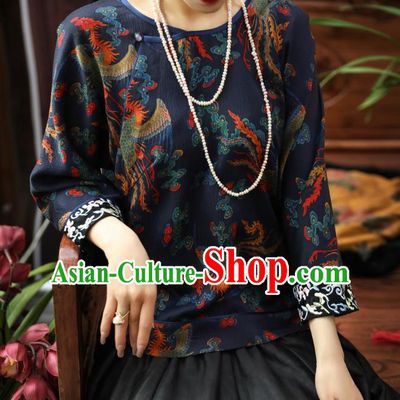 China Classical Phoenix Pattern Navy Gambiered Guangdong Gauze Upper Outer Garment Traditional Women Tang Suit Silk Shirt