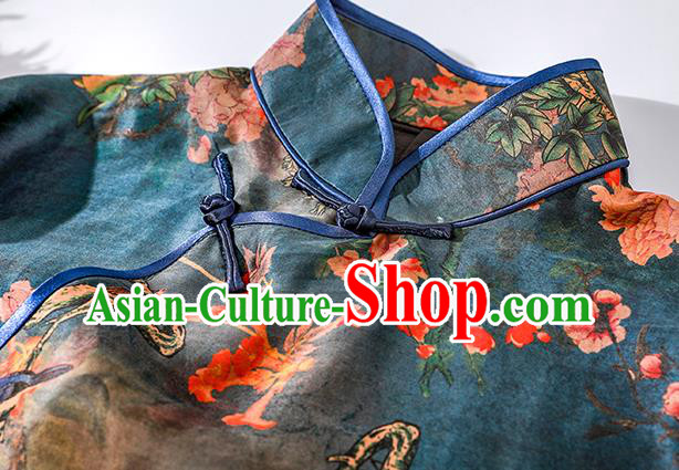Asian Chinese Classical Silk Cheongsam National Woman Clothing Traditional Printing Blue Qipao Dress Asian Chinese Classical Silk Cheongsam National Woman Clothing Traditional Printing Blue Qipao Dress